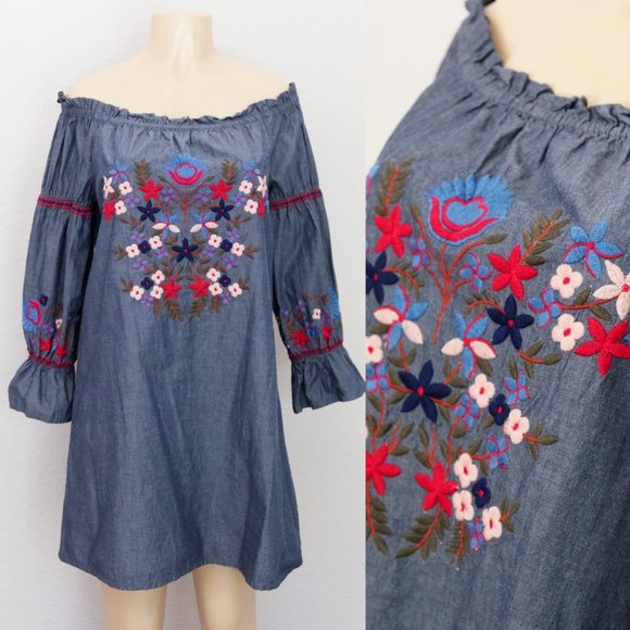 Max Studio 100% Cotton Floral Embroidered Off Shoulder Denim Chambray Dress M - Picture 2 of 15